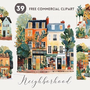 Clipart aquarelle maison de banlieue, scène de quartier PNG commercial gratuit, illustration de la vie urbaine, maison de jardin, vie locale, boutique de rue