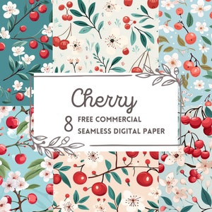 Cherry seamless pattern watercolor clipart, Summer sweetness free commercial illustration, cherry-themed digital paper, floral pattern