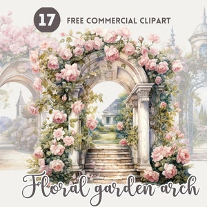Garden Floral Arch aquarel clipart bundel, Rose Arch Gratis commerciële PNG set, Garden Floral Gate Illustratie, bloeiende betoverende boog