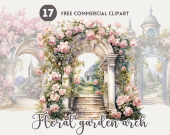 Garten Blumenbogen Aquarell Clipart Bündel, Rosenbogen Freies kommerzielles PNG-Set, Garten Blumentor Illustration, blühender bezaubernder Bogen