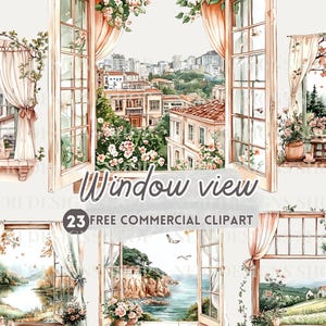 May include: A set of 23 digital clipart images featuring watercolour illustrations of windows with different views. The windows have white curtains and are framed in wood. The views include a cityscape, a river, a cliffside, and a field.