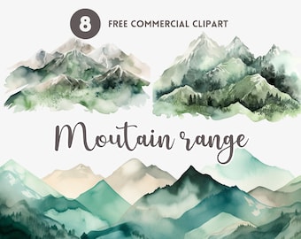 Mountain range Watercolor Clipart Bundle Free Commercial Nature landscape PNG printable Illustration Instant Download Green clipart