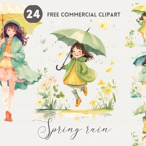 Pacchetto di clipart acquerello ragazza e ombrello, ragazza carina sotto la pioggia Set commerciale gratuito, grafica femminile, illustrazione della donna della pioggia primaverile