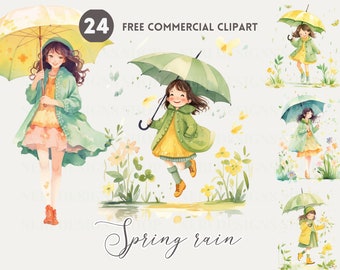 Girl and umbrella watercolor clipart bundle, cute girl in rain Free commercial set, Feminine Graphic, spring rain woman illustration