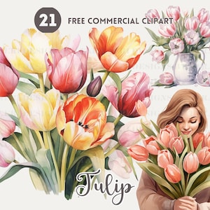 Tulip Blume Aquarell Clipart Bundle Frau halten Tulip Bouquet kostenlos kommerzielle PNG-Set Tulip in Vase Illustration Blumenkunst rosa botanisch