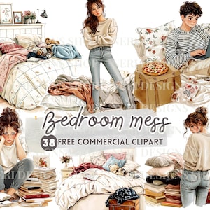 Puede incluir: Ilustración en acuarela de una escena de dormitorio desordenado. La imagen presenta una cama con mantas y almohadas dispersas, una persona y el texto "Bedroom mess" con "38 FREE COMMERCIAL CLIPART".