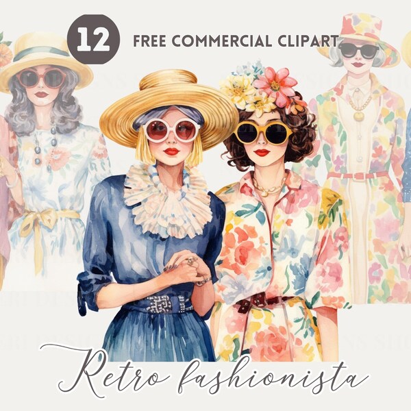 Retro fashionista friends watercolor clipart bundle, Bold color retro outfit Free commercial PNG, Stylish women, retro chic lady, sunglasses