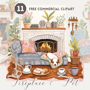 Cozy Fireplace watercolor clipart bundle, Pet by Fireplace free commercial PNG, Cozy Home Illustration, Dog on Armchair Graphic