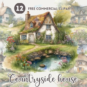 Countryside cottage and garden watercolor clipart bundle Rustic housing Free commercial Cottagecore Illustration Rural living graphic