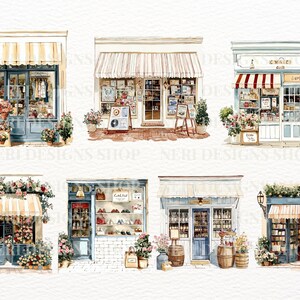 May include: Watercolor illustration of six charming storefronts. Each shop features a unique design, with awnings, flower arrangements, and detailed architectural elements. The shops are painted in soft pastel colors, creating a whimsical and inviting atmosphere.