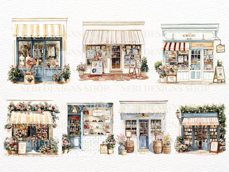 May include: Watercolor illustration of six charming storefronts. Each shop features a unique design, with awnings, flower arrangements, and detailed architectural elements. The shops are painted in soft pastel colors, creating a whimsical and inviting atmosphere.