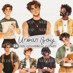 Urban Boy Aquarell Clipart, City Man PNG, männlicher Studenten, lässige Mode für Männer, sportlicher Junge Aufkleber für Journal, moderner Mann