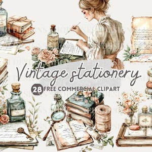 Clipart de aquarela para papelaria vintage, pena antiga, tinta, comercial de cena de escrita PNG, caneta vintage, adesivo de diário de livro antigo, escrita à mão
