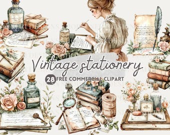 Vintage briefpapier aquarel clipart, antieke ganzenveer, inkt, schrijfscène commerciële png, vintage pen, oud boek dagboeksticker, schrijfhand