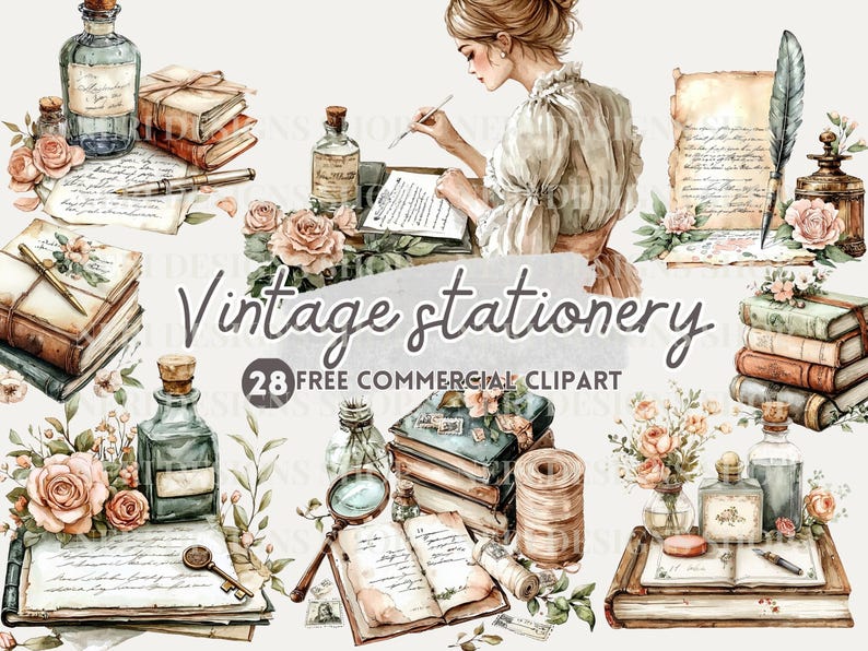 May include: Watercolor illustration of vintage stationery elements. The image features stacks of books, bottles, roses, and a woman writing. Text on the image reads "Vintage stationery" and "28 FREE COMMERCIAL CLIPART".
