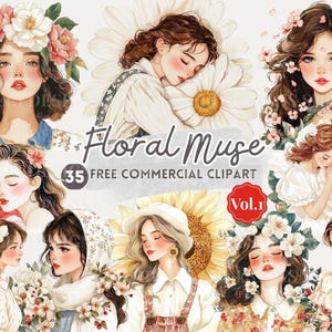 Vrouw met bloem aquarel clipart, romantische bloemenmeisje gratis commerciële png, gezellige vrouwelijke meisjessticker, Lady and Bloom, botanische schoonheid