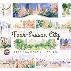 Puede incluir: Ilustraciones en acuarela de paisajes urbanos que representan varias estaciones. Las imágenes muestran escenas urbanas con edificios, árboles y parques. El texto "Four-Season City" se muestra, junto con "Free Commercial Use JPG".