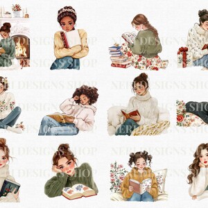 May include: Digital illustrations of women reading books in various settings. The images depict women in sweaters, dresses, and casual attire, some near a fireplace or Christmas tree. The illustrations have a soft, watercolor style with floral accents.