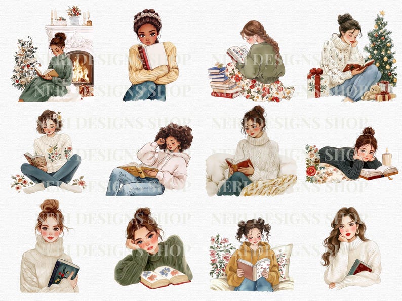 May include: Digital illustrations of women reading books in various settings. The images depict women in sweaters, dresses, and casual attire, some near a fireplace or Christmas tree. The illustrations have a soft, watercolor style with floral accents.