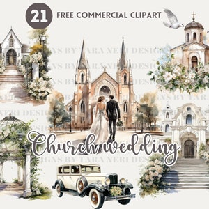 Bruid en bruidegom aquarel clipartbundel, gratis commerciële kerk bruiloft png, trouwauto, prieel, duif illustratie witte bruiloft kunst