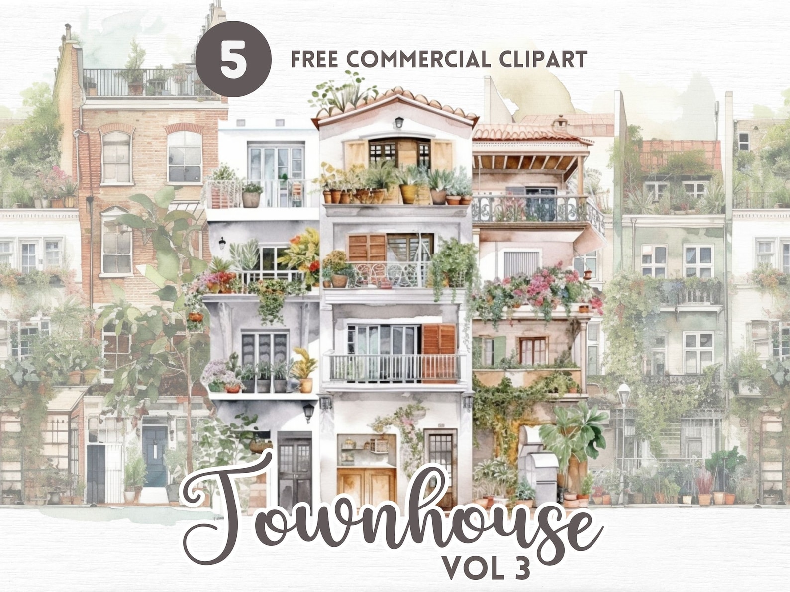 Townhome Watercolor Clipart Bundle Free Commercial Watercolor Etsy