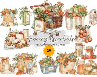 Grocery Clipart Watercolor Clipart, Fresh Market Food Art, Recipe and Meal Planner Graphics, Kitchen Stickers, Commercial Use