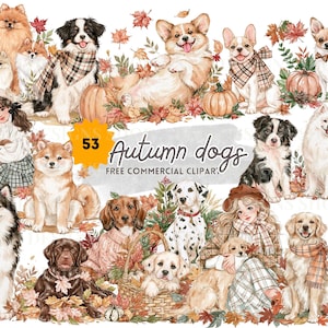 Może przedstawiać: Kolekcja akwarelowych ilustracji przedstawiających różne rasy psów, w tym Corgi, Dalmatyńczyka i Golden Retrievera, w otoczeniu jesiennych liści, dyń i dwóch postaci, z napisem 53 Autumn dogs FREE COMMERCIAL CLIPART.