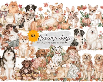 Autumn Dog Clipart, Watercolor Puppy and Dog Breeds in Fall Sweaters, Pumpkins and Leaves Illustration