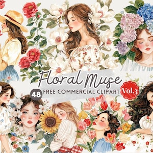 Vrouw met bloem bloei aquarel clipart, romantisch bloemenmeisje gratis commerciële png, vrouwelijke sticker, botanische dame esthetiek voor dagboek