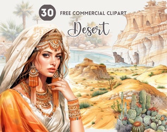 Paquete de imágenes prediseñadas de acuarela del desierto Oasis Conjunto comercial gratuito de cactus Ilustración de camello Duna de arena, Formación rocosa, Paisaje desértico, Tienda de campaña