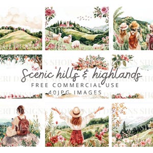 Clipart acquerello di scena collinare, JPG commerciale gratuito di paesaggio collinare, vista della natura, escursione, bicicletta, lettura, seduta ed esplorazione grafica per diario di viaggio