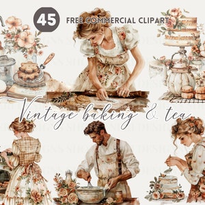 Vintage bakken en thee aquarel clipart, retro bakscène gratis commerciële png, klassieke cake, theeservies, cookie voorbereiding, vrouw bakken afbeelding