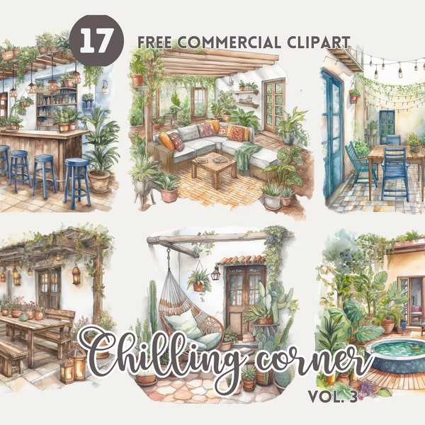 Chilling corner Watercolor Clipart Bundle, Backyard Free Commercial, Cozy patio PNG Clipart Outdoor retreat Illustration