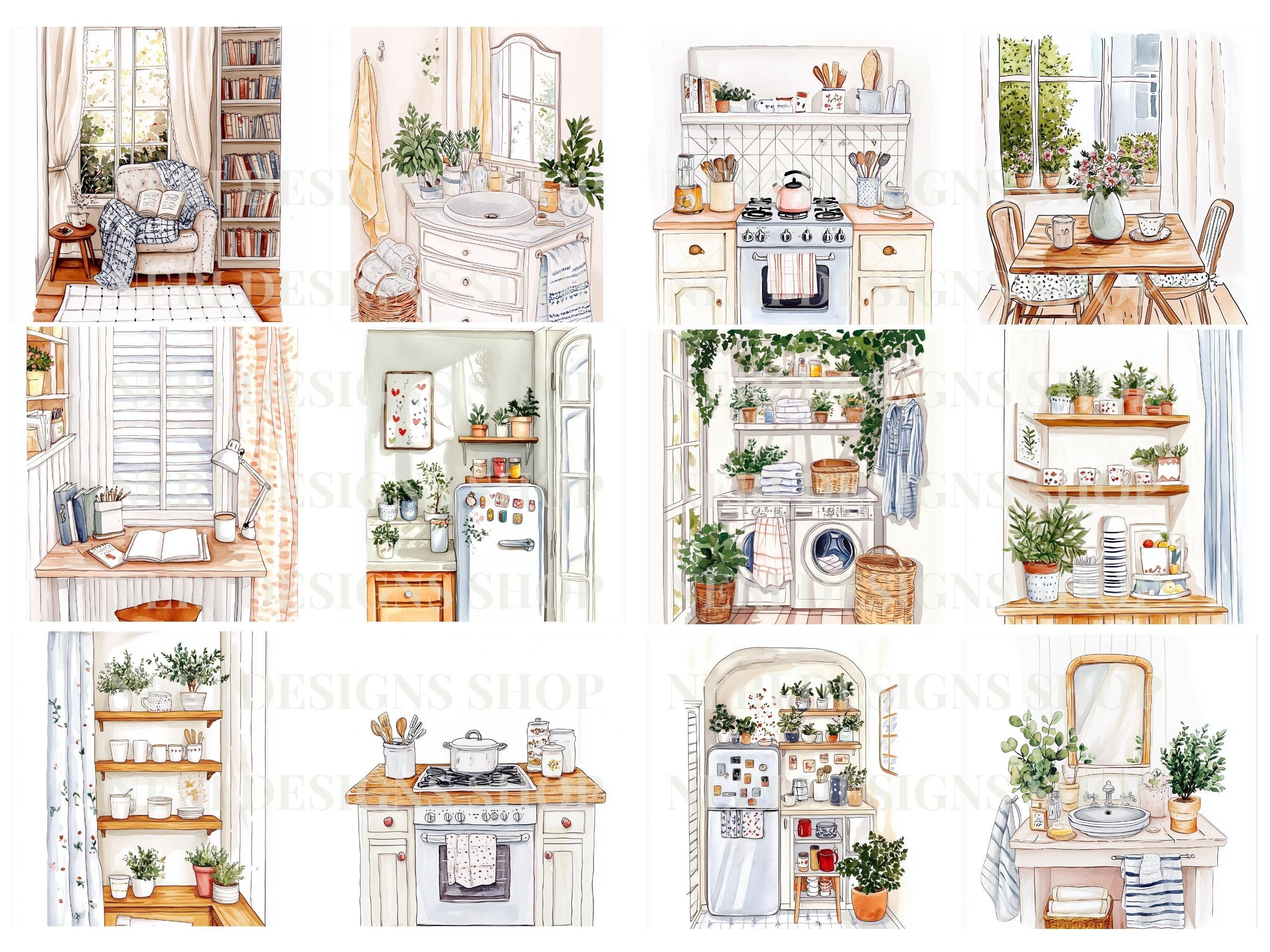 Cute Home Interior Watercolor Clipart, Cozy Room & House Scene Free ...