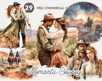 Pacchetto di clipart di acquerelli di cowboy romantici, Cowboy che abbraccia il suo partner PNG commerciale gratuito, Coppia di cowboy, cavallo a cavallo, suonare la chitarra