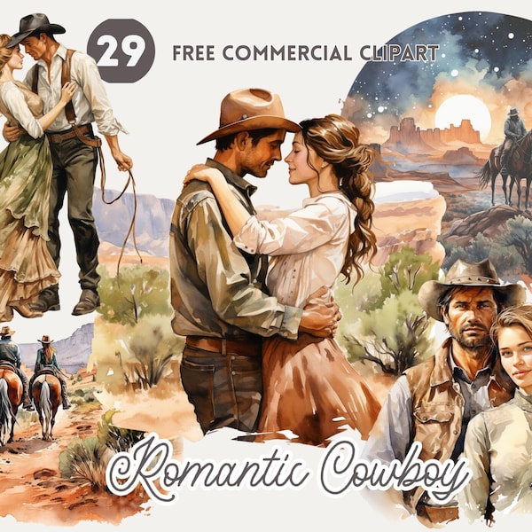 Romantic cowboy watercolor clipart bundle, Cowboy embracing his partner free commercial PNG, Cowboy couple, riding horse, play guitar art