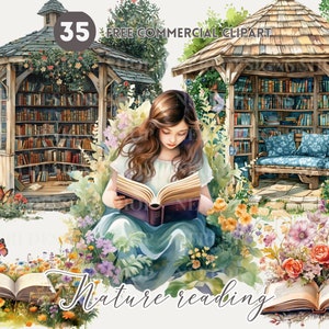 Meisje leest buiten aquarel clipart bundel, Garden Gazebo leeshoekje Gratis commerciële png, open boek, bloem bloeit uit boekafbeelding