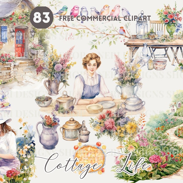 Rustic cottage living watercolor clipart bundle Gardening free commercial PNG illustration, rural table setting, cozy kitchen, cottagecore