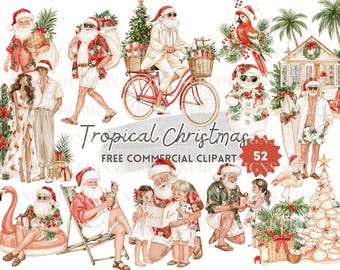 Tropical Santa Claus Clipart, Summer Christmas Watercolor Set with Beach Animals and Holiday Kids