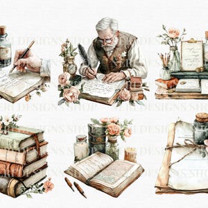 May include: Watercolor illustrations of vintage writing scenes. The images feature old books, ink bottles, quills, and floral arrangements. A person is shown writing with a quill. The color palette includes soft browns, greens, and pinks, evoking a sense of nostalgia.