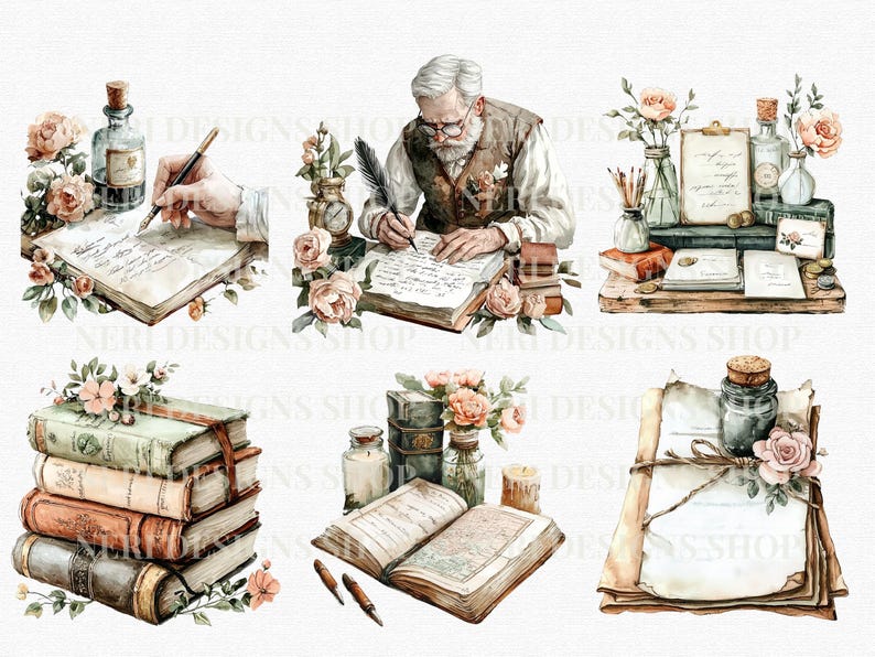 May include: Watercolor illustrations of vintage writing scenes. The images feature old books, ink bottles, quills, and floral arrangements. A person is shown writing with a quill. The color palette includes soft browns, greens, and pinks, evoking a sense of nostalgia.