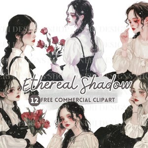 Chique gotische meisje aquarel clipart, cool bleek meisje gratis commerciële png, gotische bloemen vrouw, schattige zwart-witte mode, gevlochten meisje kunst