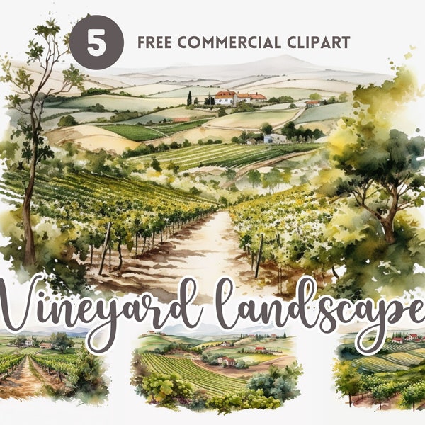 Vineyard landscape Watercolor Clipart Bundle Free Commercial Nature landscape PNG printable mini wall art Illustration Instant Download
