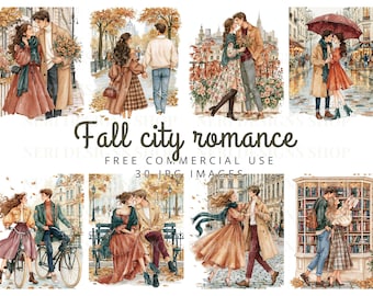 Fall Couple Clipart, Watercolor Romantic City Dates, Cafés and Autumn European Street Scenes