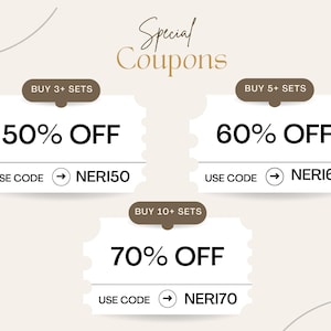 Op de afbeelding: De afbeelding toont drie coupons met verschillende kortingen. De bovenste coupon biedt 50% korting, de middelste 60% en de onderste 70%. Elke coupon heeft een unieke code: NERI50, NERI60 en NERI70.