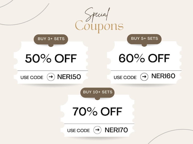 Op de afbeelding: De afbeelding toont drie coupons met verschillende kortingen. De bovenste coupon biedt 50% korting, de middelste 60% en de onderste 70%. Elke coupon heeft een unieke code: NERI50, NERI60 en NERI70.
