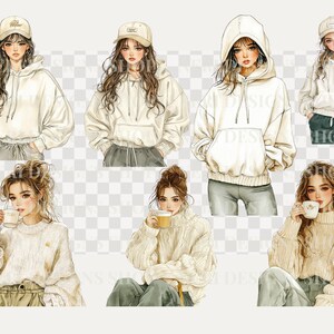 Puede incluir: Una ilustraci&oacute;n digital de siete mujeres con ropa casual. Las mujeres llevan sudaderas con capucha blancas, su&eacute;teres y jeans. Algunas de las mujeres llevan sombreros. Todas las mujeres sonr&iacute;en y miran a la c&aacute;mara.