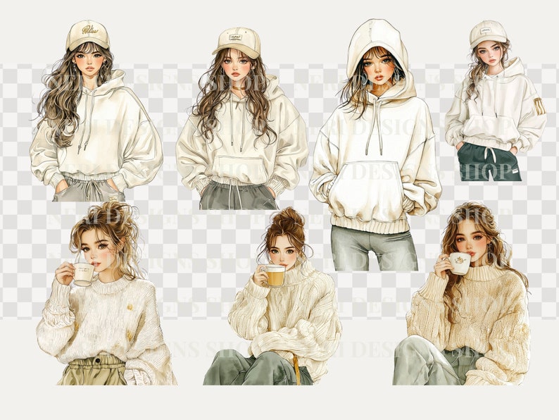 Puede incluir: Una ilustraci&oacute;n digital de siete mujeres con ropa casual. Las mujeres llevan sudaderas con capucha blancas, su&eacute;teres y jeans. Algunas de las mujeres llevan sombreros. Todas las mujeres sonr&iacute;en y miran a la c&aacute;mara.