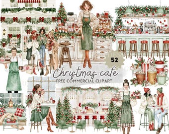 Christmas Cafe Watercolor Clipart Bundle, Couple at Holiday Coffee Shop, Woman at Cozy Winter Café Illustration
