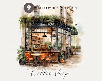 Cafe shop watercolor clipart bundle, Modern Street Cafe Free commercial png, Cafe Setting, urban coffee shop graphic, Outdoor Cafe Scene